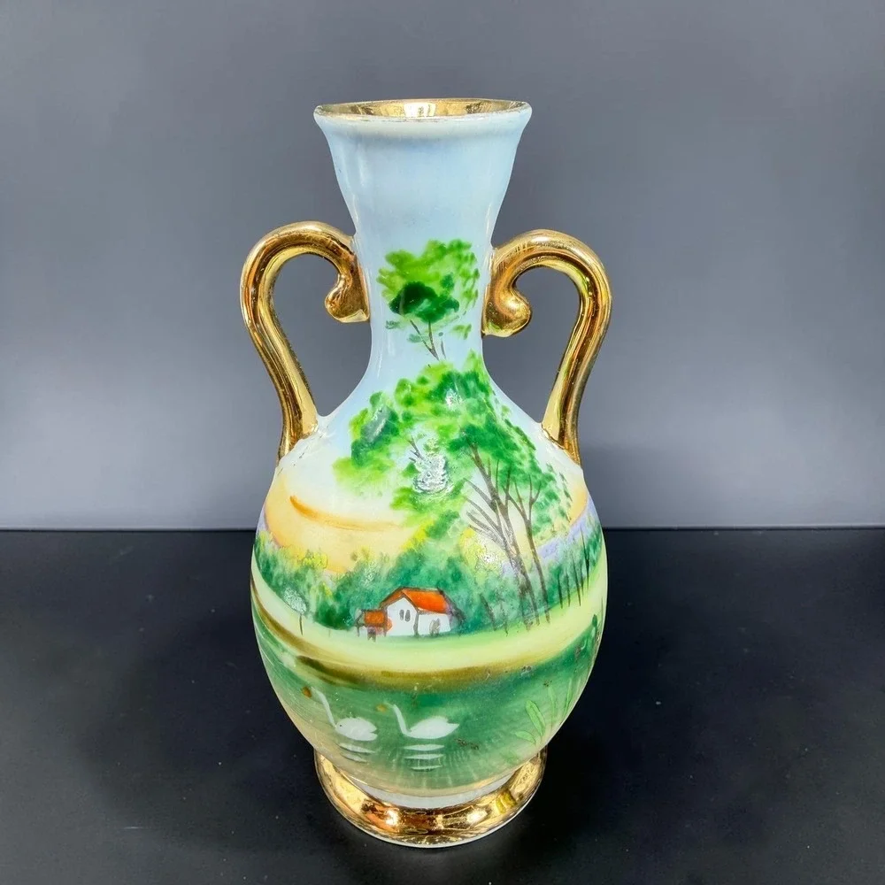 Vintage German Porcelain Miniature Bud Vase Hand Painted Swan Landscape Gold